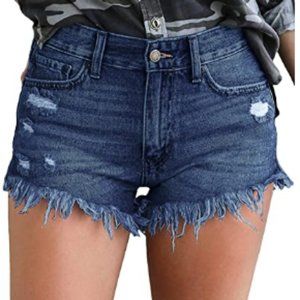 Mid Rise Frayed Jean Shorts Distressed Raw Hem Den